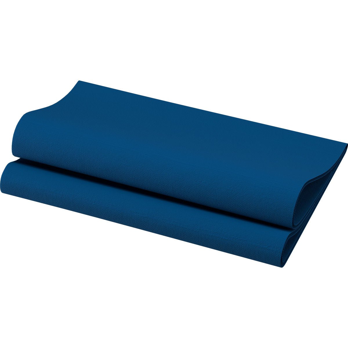 Une serviette Bio-Dunisoft pliée 40 x 40 cm 1/4 pli de Duni GmbH, bleu foncé avec une surface texturée et fabriquée à partir de matériaux biodégradables, est présentée sur fond blanc.