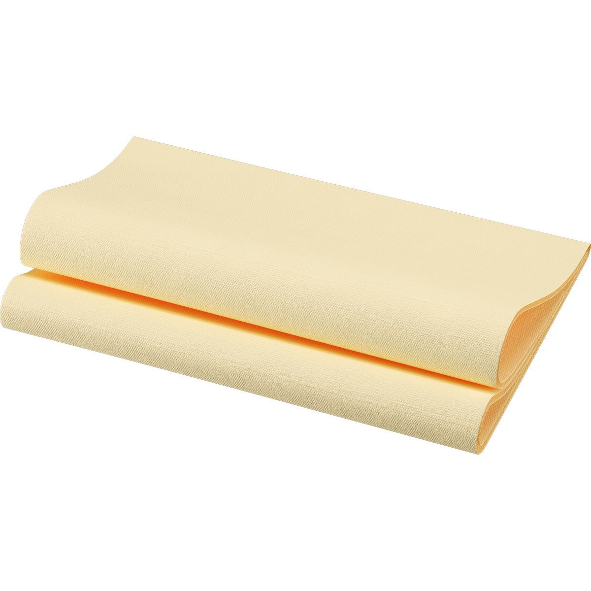 Une feuille pliée jaune clair, texturée, de serviettes Bio-Dunisoft 40 x 40 cm 1/4 pli de Duni GmbH est présentée sur fond blanc - idéal pour des décorations de table luxueuses et écologiques.