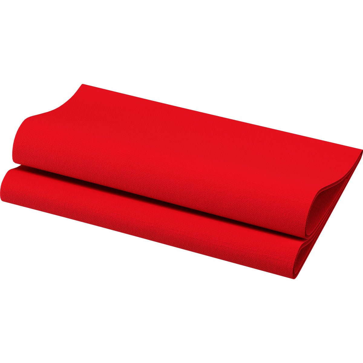La serviette Bio-Dunisoft rouge 40 x 40 cm 1/4 pli de Duni GmbH est soigneusement pliée en deux sur fond blanc et a une surface texturée.