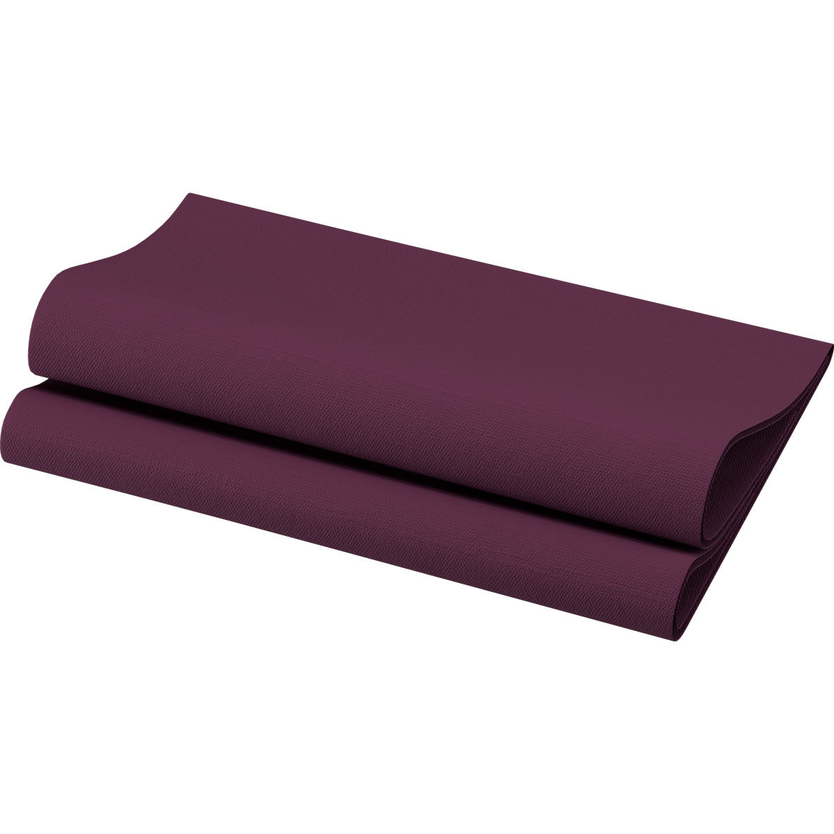 Un tapis de yoga plié, texturé, en violet foncé est présenté devant un fond blanc, reflétant les tons riches des serviettes Bio-Dunisoft 40 x 40 cm 1/4 pli de Duni GmbH et leur design de vaisselle élégant et écologique.