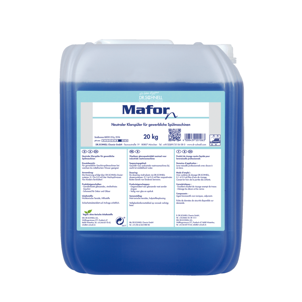Un conteneur en plastique de 20 kg Dr. Schnell MAFOR N 1 Rince-éclat pour lave-vaisselle de DR.SCHNELL GmbH & Co. KGaA, liquide bleu, étiquette en allemand, pour lave-vaisselles professionnels, assure une brillance sans traces sur la vaisselle.