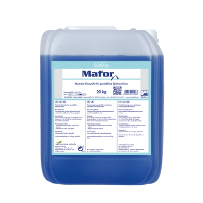 Un conteneur en plastique de 20 kg Dr. Schnell MAFOR N 1 Rince-éclat pour lave-vaisselle de DR.SCHNELL GmbH & Co. KGaA, liquide bleu, étiquette en allemand, pour lave-vaisselles professionnels, assure une brillance sans traces sur la vaisselle.