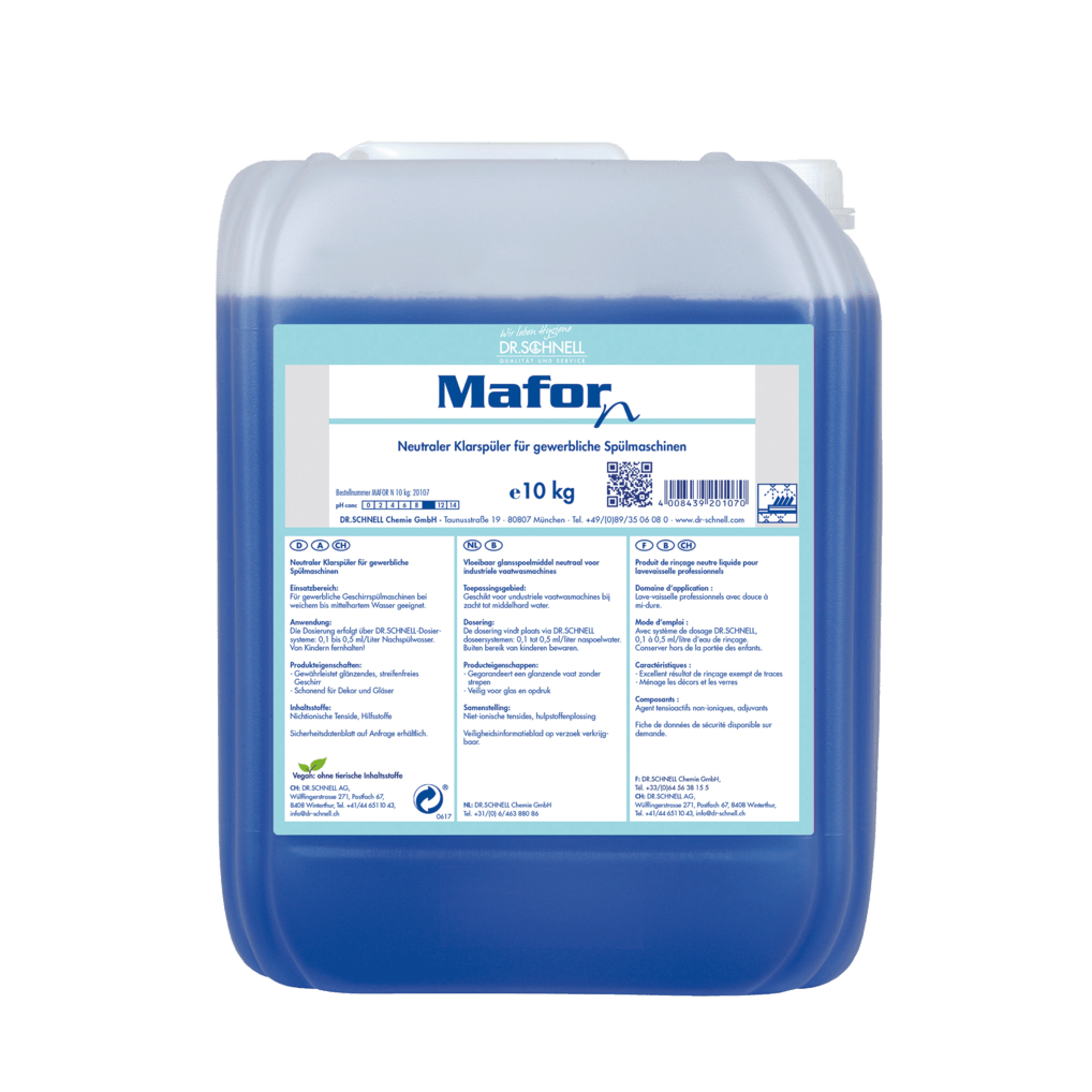Un conteneur en plastique transparent de 10 kg de Dr. Schnell MAFOR N 1 Rince-éclat pour lave-vaisselle de DR.SCHNELL GmbH & Co. KGaA, rempli de liquide bleu ; étiquette frontale en allemand indiquant une brillance sans traces dans les lave-vaisselles professionnels.