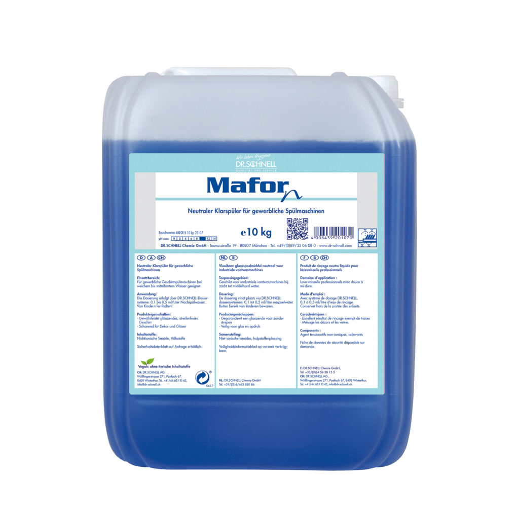 Ein 10 kg durchsichtiger Kunststoffbehälter von Dr. Schnell MAFOR N 1 Klarspüler für Geschirrspülmaschinen von DR.SCHNELL GmbH & Co. KGaA, gefüllt mit blauer Flüssigkeit; Frontetikett in deutscher Sprache mit der Angabe streifenfreier Glanz in gewerblichen Spülmaschinen.