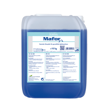 Un conteneur en plastique transparent de 10 kg de Dr. Schnell MAFOR N 1 Rince-éclat pour lave-vaisselle de DR.SCHNELL GmbH & Co. KGaA, rempli de liquide bleu ; étiquette frontale en allemand indiquant une brillance sans traces dans les lave-vaisselles professionnels.