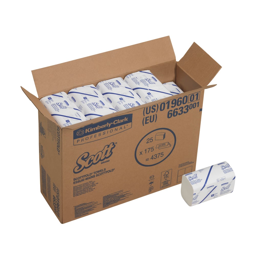 Une boîte « Scott » ouverte de la société Kimberly-Clark GmbH contient 25 paquets de lingettes pliées SCOTTFOLD*, chaque paquet étant emballé individuellement et contenant 175 lingettes blanches de taille moyenne ; un paquet est représenté à l'extérieur de la boîte.