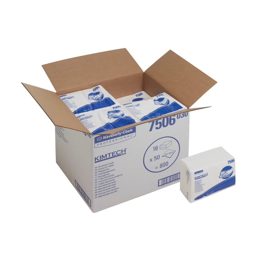 Un carton ouvert de Kimberly-Clark GmbH contient 16 sachets de lingettes absorbantes Kimtech®, pliées en Z, Blanc (50 lingettes chacune). Un sachet est à l'extérieur ; le branding bleu et blanc souligne l'utilisation professionnelle.