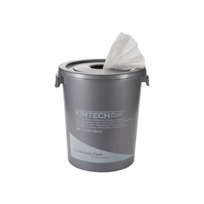 Le seau distributeur de "Kimtech® Poliertücher" de Kimberly-Clark GmbH en plastique blanc a un couvercle rond d'où dépasse un seul chiffon. Le seau contient 300 feuilles pour un nettoyage efficace des surfaces.