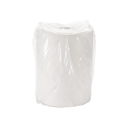 Un seau distributeur de chiffons de polissage Kimtech® blanc de Kimberly-Clark GmbH (1 seau x 300 feuilles) pour le nettoyage des surfaces, dans un emballage en plastique transparent sur un fond blanc uni.