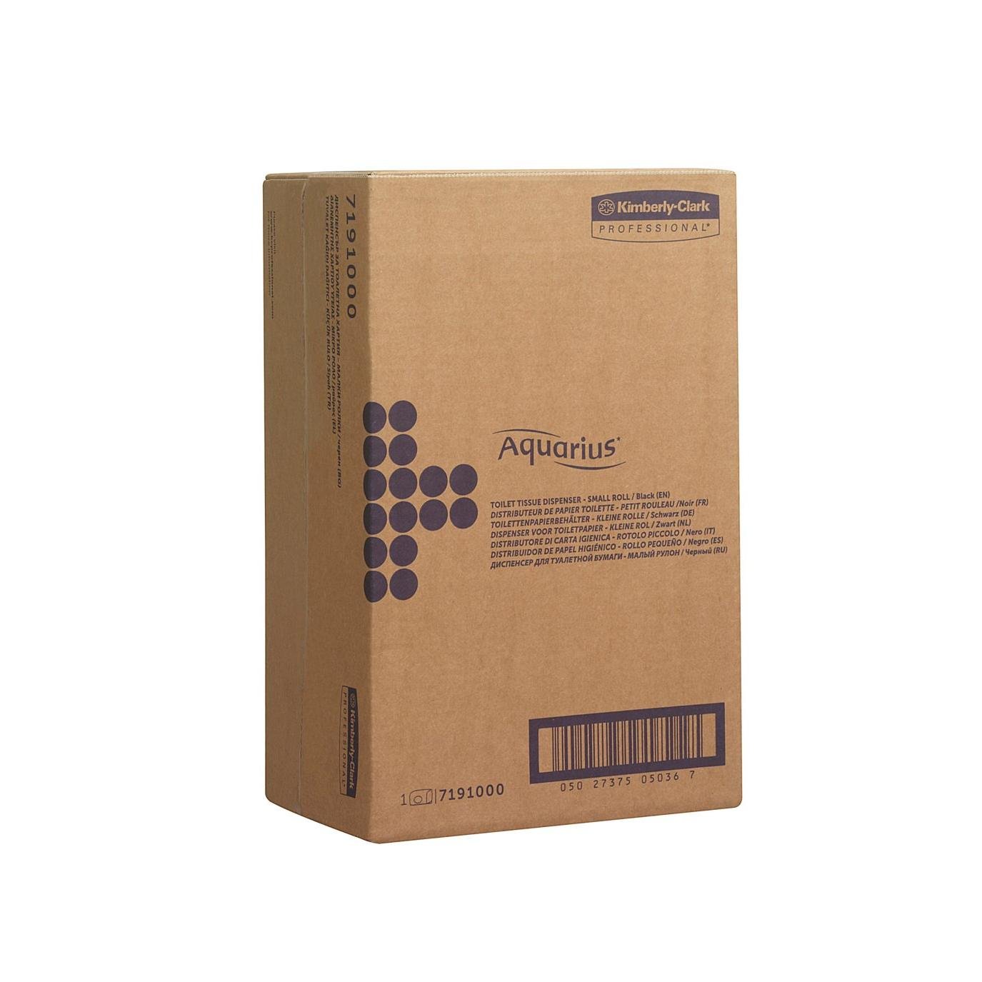 Une boîte en carton marron avec l'inscription "Aquarius™ Toilet Tissue Dispenser - Small Rolls" de Kimberly-Clark GmbH (18 x 29,8 x 12,8 cm) est dressée verticalement et est ornée de texte noir et de graphiques sur fond blanc.