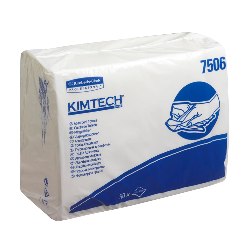 Un emballage scellé blanc et bleu de Kimberly-Clark GmbH avec l'inscription "Lingettes absorbantes Kimtech® - pliées en Z" contient 16 sachets de 50 feuilles chacun, avec des instructions multilingues et une illustration pour le séchage des mains à usage professionnel.