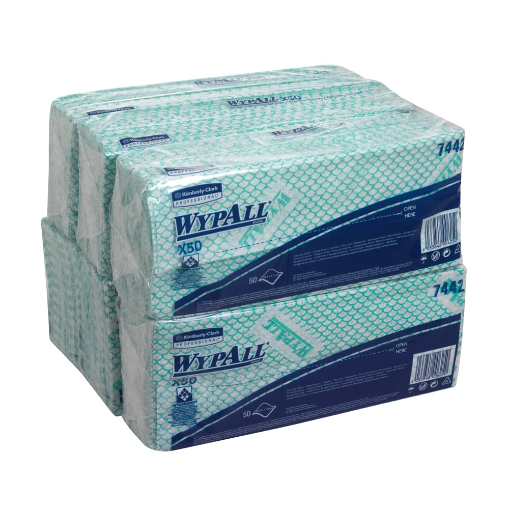 Les WypAll® X50 Critical Clean Interfold en vert de Kimberly-Clark GmbH sont livrés en 6 sachets de 50 feuilles chacun (carton, 6 sachets), parfaits pour le nettoyage professionnel et écologique.