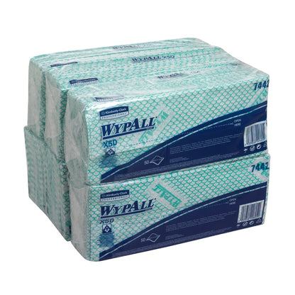Les WypAll® X50 Critical Clean Interfold en vert de Kimberly-Clark GmbH sont livrés en 6 sachets de 50 feuilles chacun (carton, 6 sachets), parfaits pour le nettoyage professionnel et écologique.