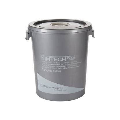 Un seau distributeur de "Kimtech® Poliertücher" blanc de Kimberly-Clark GmbH contient 300 feuilles pour le nettoyage des surfaces et est équipé de poignées latérales et d'un couvercle scellé.