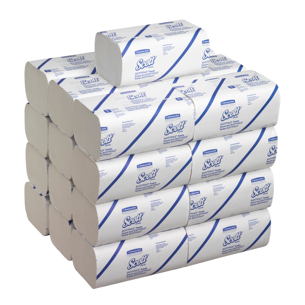 Une boîte contenant 25 paquets de lingettes SCOTTFOLD* de Kimberly-Clark GmbH, blanches et pliées, contenant chacun 175 lingettes – idéales pour un séchage efficace des mains, dans un emballage pratique et hygiénique.