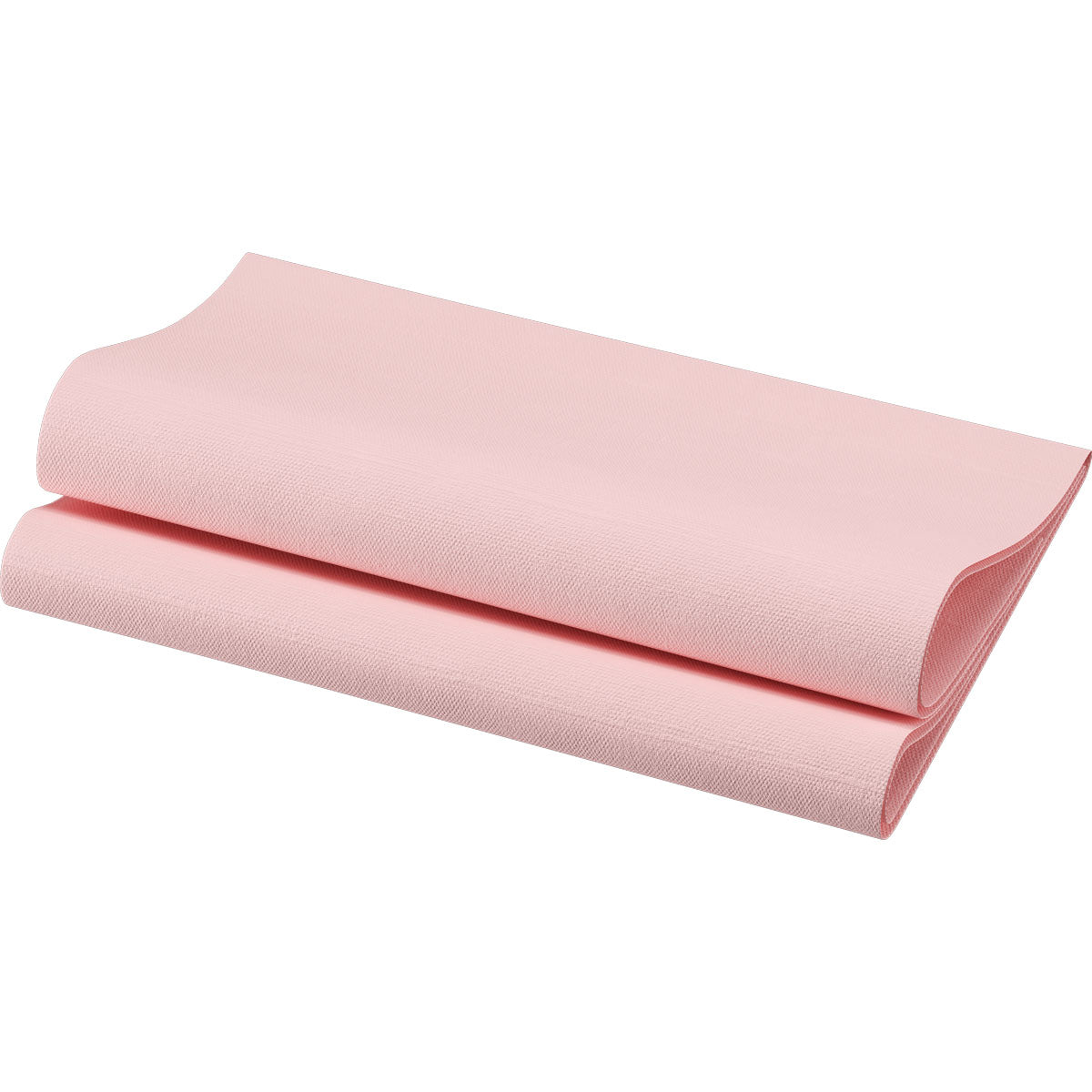 Une feuille pliée de papier rose clair, texturé, qui ressemble aux serviettes Bio-Dunisoft 40 x 40 cm 1/4 pli de Duni GmbH, est placée devant un fond blanc. La serviette biodégradable a un grain visible et des bords nets - idéale pour une table élégamment dressée.