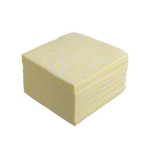 Une pile de lingettes de nettoyage WypAll® X80 Plus Critical Clean Interfold en jaune de Kimberly-Clark GmbH, structurée et disposée en forme de cube, idéale pour les zones critiques - 8 sachets de 30 lingettes chacun dans la boîte.