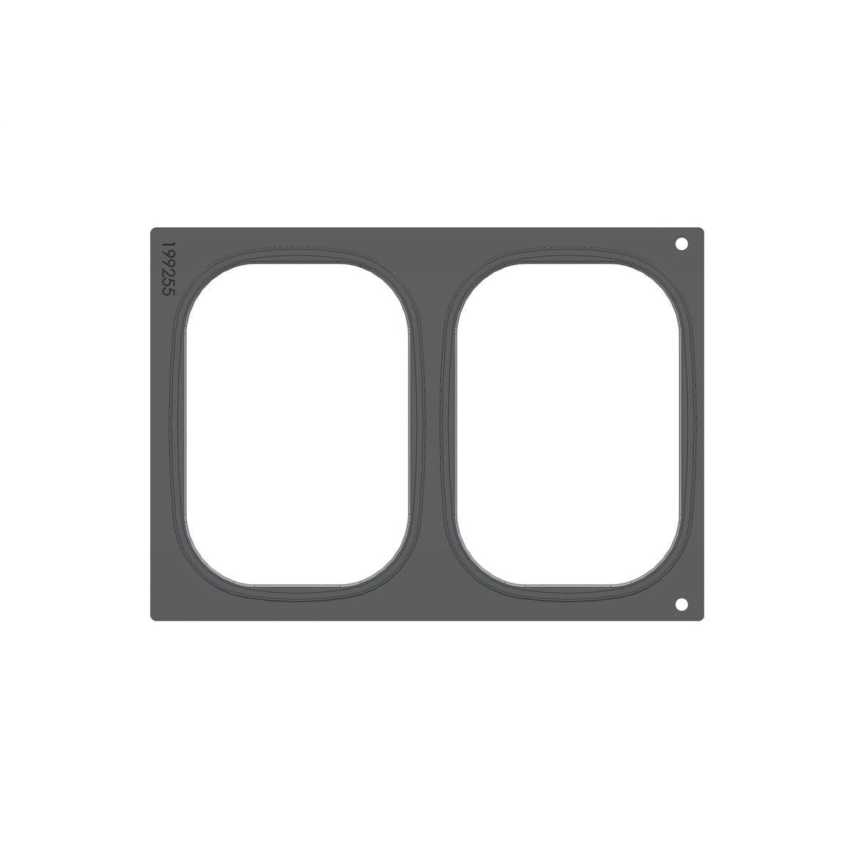 Un cadre rectangulaire gris de Duni GmbH, cassette DF 10/DF20 pour Brick Medium (2 utilisations), avec deux découpes rondes côte à côte, "19255" imprimé verticalement sur le bord gauche et deux petits trous circulaires sur le côté droit.