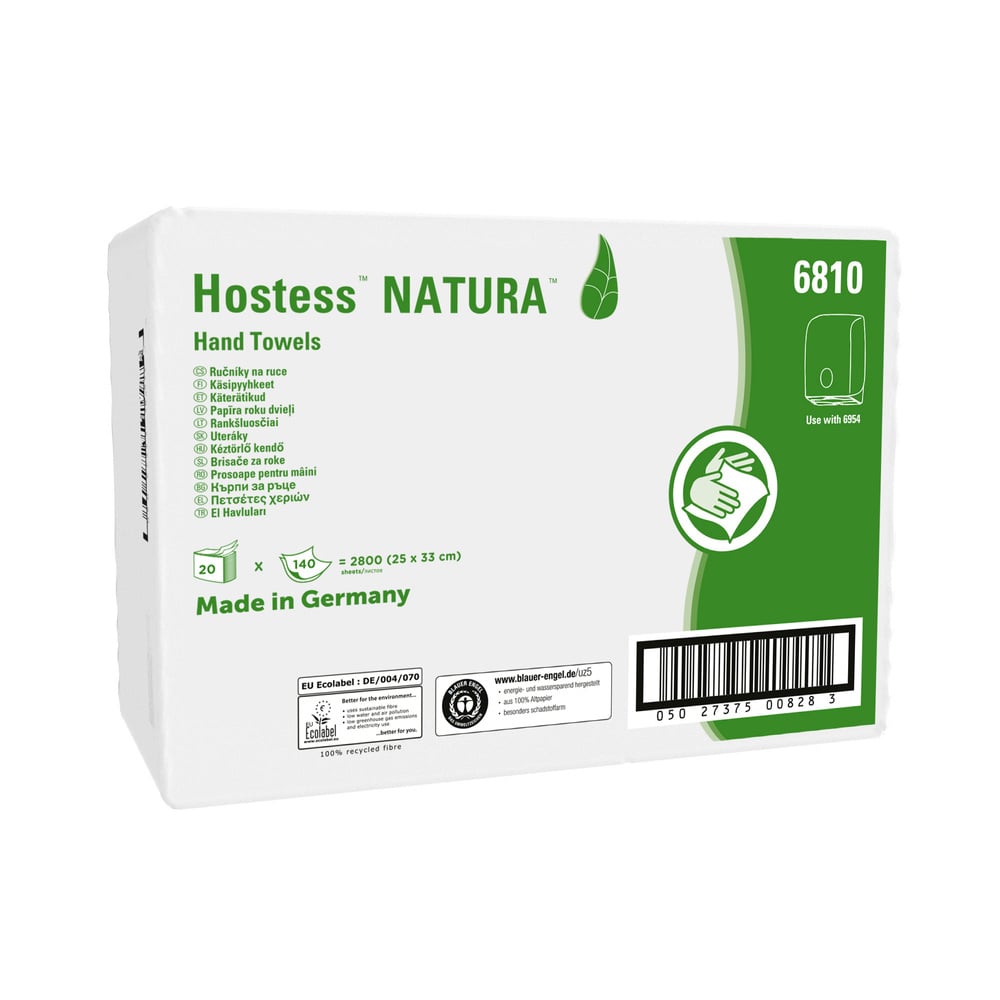 Une boîte rectangulaire blanche de serviettes Kimberly-Clark Hostess™ NATURA™ C-Falz (blanc, M), avec texte et graphique verts, contient 20 paquets de 140 feuilles chacun par carton. Fabriqué en Allemagne, détails et certifications indiqués sur l'emballage.