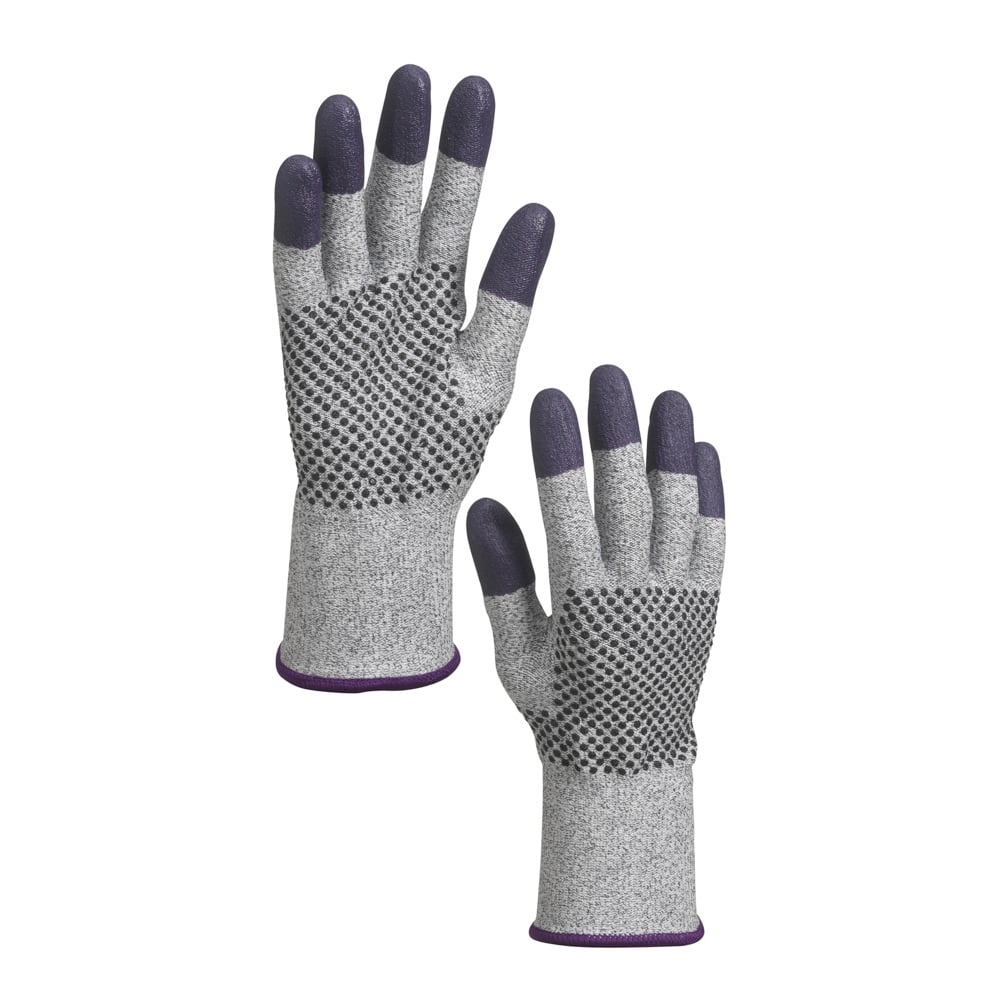 Ein Paar graue und violette KleenGuard® G60 Endurapro™ Schnittfeste Handschuhe Level 3 von Kimberly-Clark GmbH, geeignet für beide Hände, mit schwarz gepunkteten Griffen und verstärkten Finger-/Daumenspitzen, dargestellt auf weißem Hintergrund.