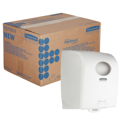 Un distributeur de serviettes en rouleau Aquarius™ blanc de Kimberly-Clark GmbH est équipé d'un levier poussoir pour montage mural - parfait pour les espaces publics.