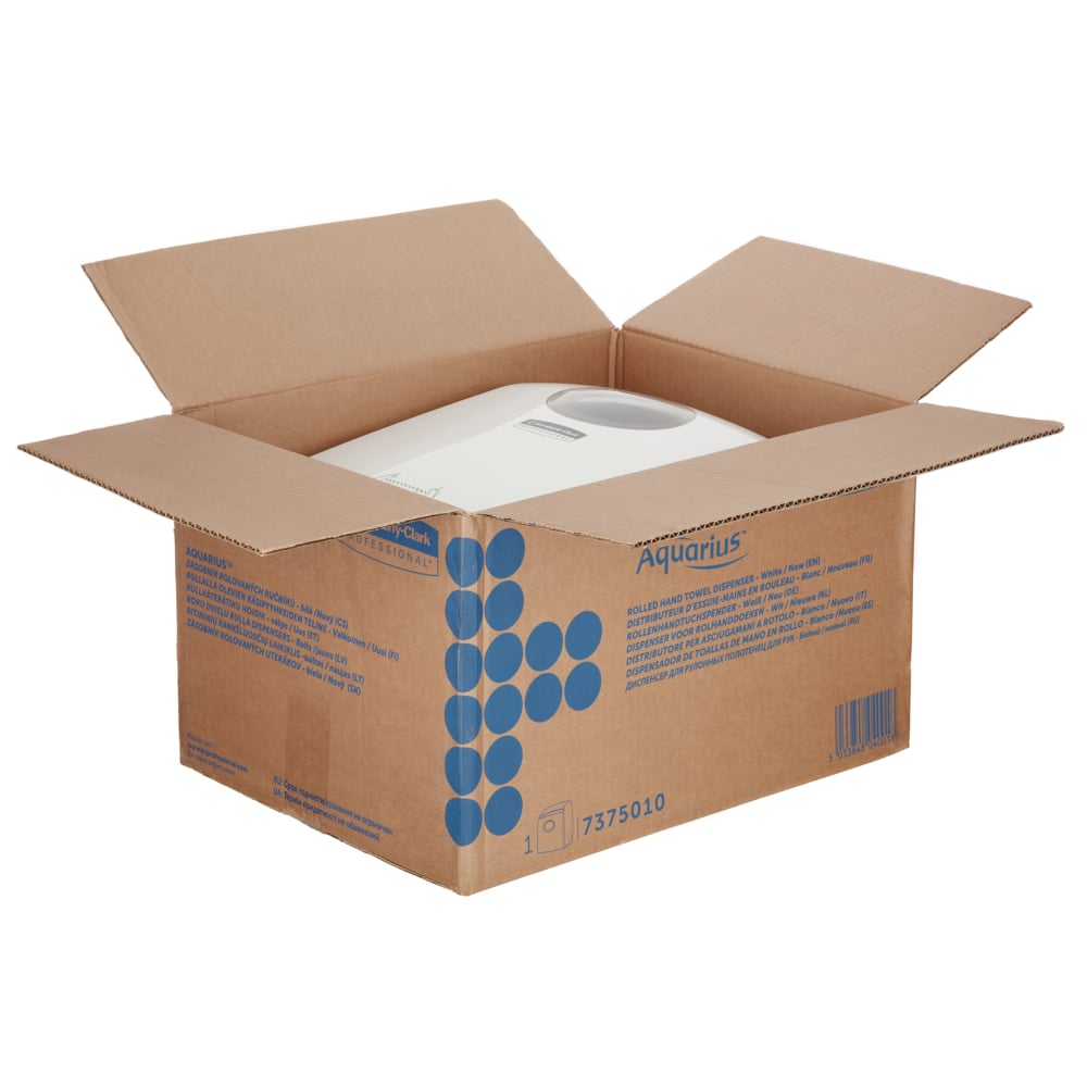 Une boîte en carton ouverte avec un graphique bleu révèle un distributeur de serviettes en rouleau Aquarius™ blanc de Kimberly-Clark GmbH, soulignant son design hygiénique pour les espaces publics.