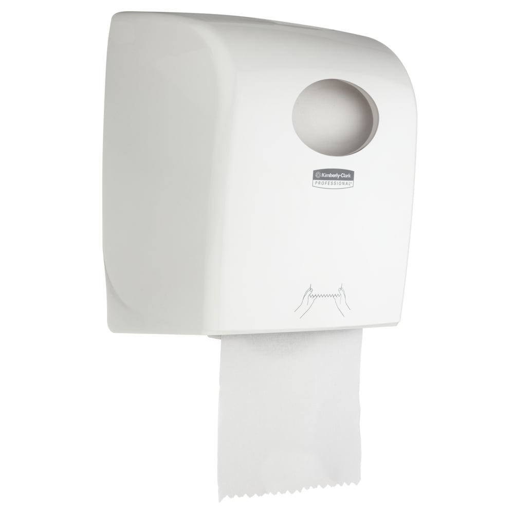 Le distributeur de serviettes en rouleau Aquarius™ - Blanc de Kimberly-Clark GmbH est un distributeur mural hygiénique pour les espaces publics avec serviette en papier visible, ouverture de recharge ronde en haut et instructions d'utilisation sous forme de dessins à la main.