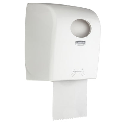Le distributeur de serviettes en rouleau Aquarius™ - Blanc de Kimberly-Clark GmbH est un distributeur mural hygiénique pour les espaces publics avec serviette en papier visible, ouverture de recharge ronde en haut et instructions d'utilisation sous forme de dessins à la main.