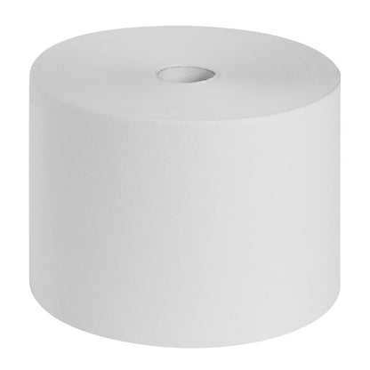 Les rouleaux médicaux Scott® ESSENTIAL™ de Kimberly-Clark GmbH, 6 rouleaux x 200 feuilles, en blanc, sont debout, avec un noyau en carton visible au milieu - parfaits pour l'hygiène dans le domaine médical sur un fond blanc simple.