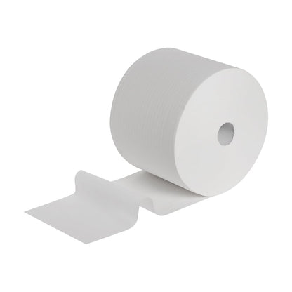 Un rouleau médical Scott® ESSENTIAL™ de Kimberly-Clark GmbH est représenté en blanc, partiellement déroulé et à plat. Chaque paquet contient 6 rouleaux avec 200 feuilles par rouleau, idéal pour une utilisation hygiénique dans les établissements médicaux.