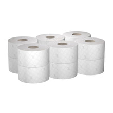 Zwölf Rollen Scott® ESSENTIAL™ Toilettenpapier von Kimberly-Clark GmbH mit je 474 Blatt sind für hygienische Waschräume sauber verpackt - ideal für alle, die zuverlässiges Toilettenpapier mit hohem Fassungsvermögen suchen.