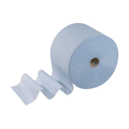 Un grand rouleau de lingettes WypAll® L10 EXTRA en bleu de Kimberly-Clark GmbH, composé de 1 rouleau avec 1500 feuilles, est partiellement déroulé et présenté sur un fond blanc simple.