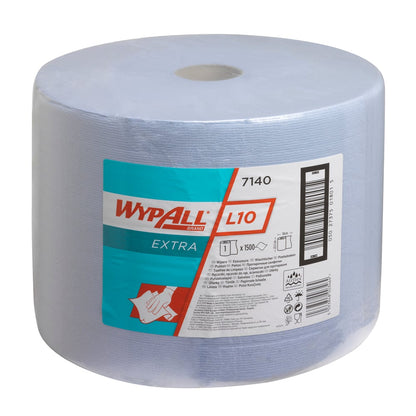 Un grand rouleau de lingettes WypAll® L10 EXTRA (Bleu, 1 rouleau x 1500 feuilles) de Kimberly-Clark GmbH est posé verticalement sur un fond blanc. L'étiquette met en avant ces chiffons de nettoyage bleus comme idéaux pour un usage industriel.