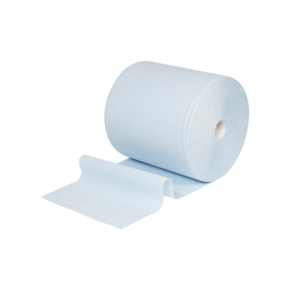 Eine große Rolle WypAll® L10 Papierwischtuch für Oberflächen (Großrolle, extra breit: 38,00 cm x 32,50 cm) von Kimberly-Clark GmbH, mit etwas abgerolltem Papier, ideal für die Oberflächenreinigung, dargestellt vor einem weißen Hintergrund.