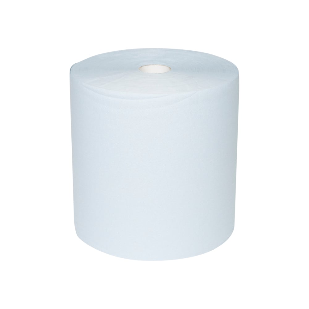 Un grand essuie-tout en papier WypAll® L10 pour surfaces Grand rouleau (38,00 cm x 32,50 cm) de Kimberly-Clark GmbH se tient droit sur un fond blanc - idéal pour le nettoyage des surfaces grâce à sa forme cylindrique extra-large avec noyau creux visible.