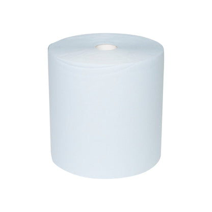 Un grand essuie-tout en papier WypAll® L10 pour surfaces Grand rouleau (38,00 cm x 32,50 cm) de Kimberly-Clark GmbH se tient droit sur un fond blanc - idéal pour le nettoyage des surfaces grâce à sa forme cylindrique extra-large avec noyau creux visible.