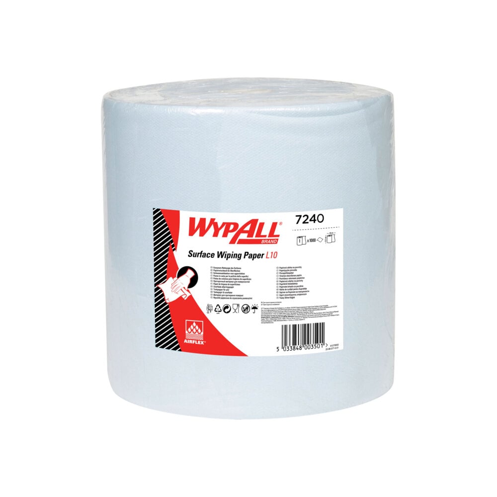 L'essuie-tout en papier WypAll® L10 pour surfaces Grand rouleau de Kimberly-Clark GmbH (38,00 cm x 32,50 cm) est extra large et emballé dans un film transparent ; l'étiquette blanche et rouge montre les infos produit et les symboles pour le nettoyage des surfaces.