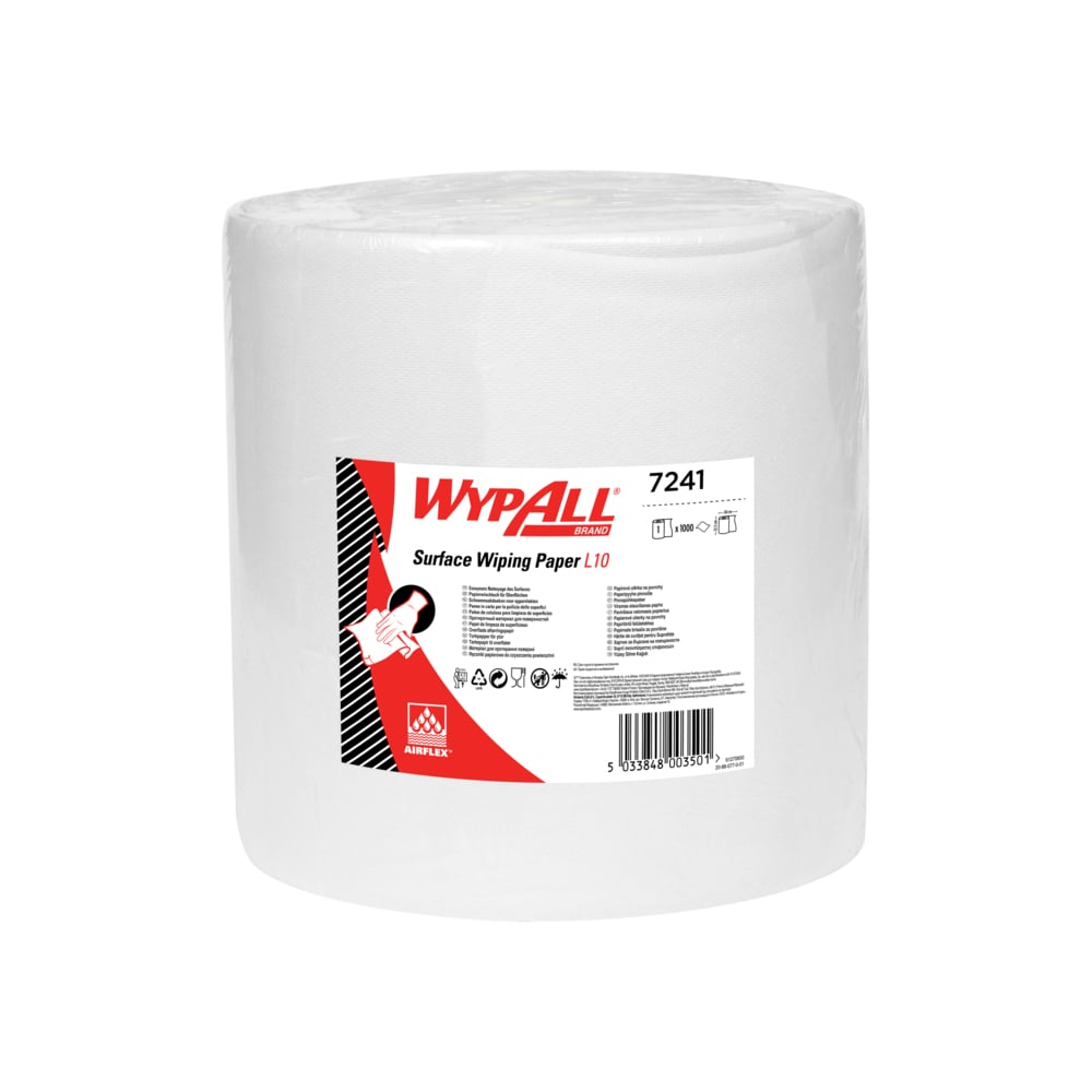 L'essuie-tout en papier WypAll® L10 pour surfaces - Grand rouleau (Kimberly-Clark GmbH) est un rouleau blanc extra large (38,00 cm x 32,50 cm), parfait pour les grandes tâches de nettoyage, avec une étiquette rouge et blanche contenant des informations sur le produit et des instructions.
