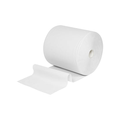 Un grand essuie-tout en papier WypAll® L10 pour surfaces Grand rouleau (extra large, 38,00 cm x 32,50 cm) de Kimberly-Clark GmbH est déroulé et à plat, idéal pour le nettoyage des surfaces, illustré sur un fond blanc simple.