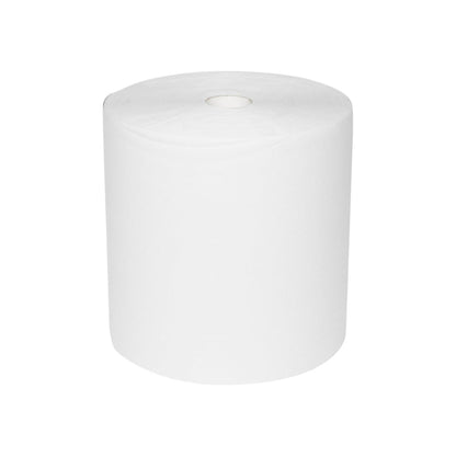 Un grand essuie-tout blanc WypAll® L10 pour surfaces - Grand rouleau (extra large, 38,00 cm x 32,50 cm) de Kimberly-Clark GmbH se tient droit sur un fond uni blanc et dispose d'un petit tube en carton au milieu pour un nettoyage efficace.