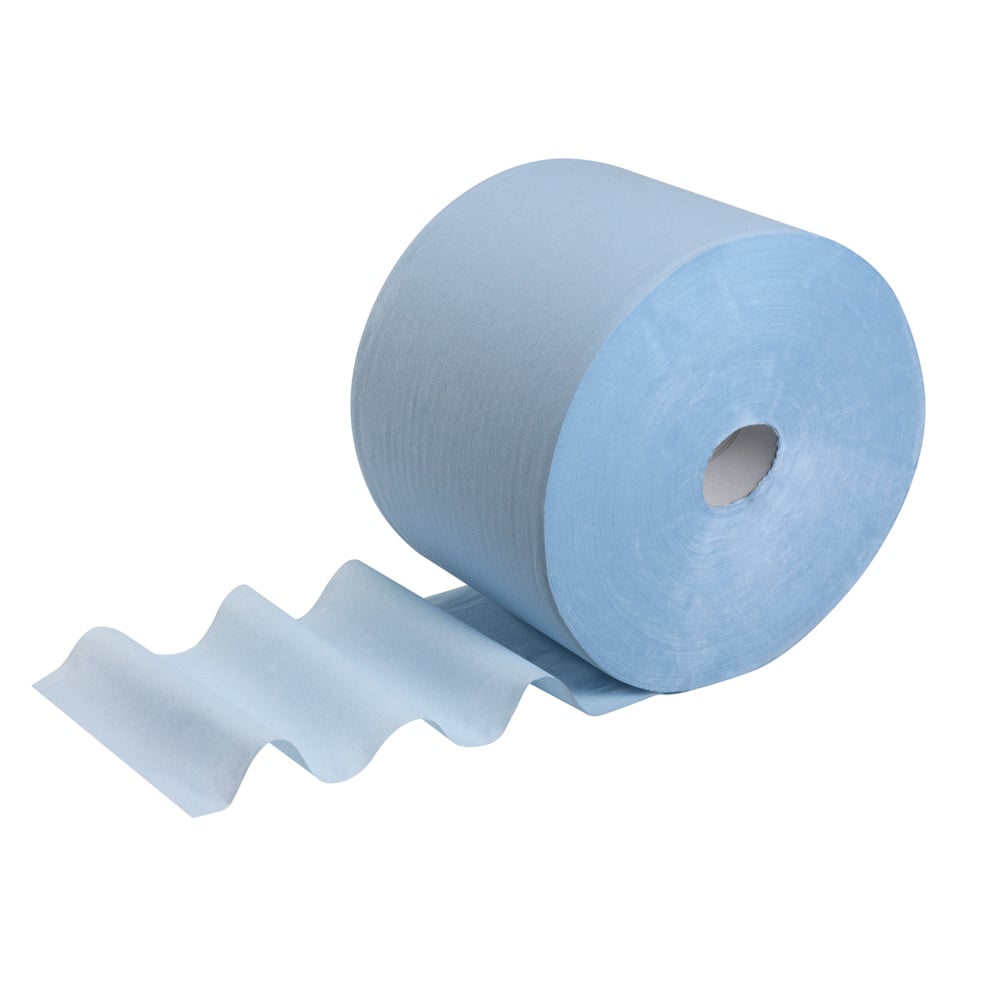 Le papier essuie-tout WypAll® L10 pour surfaces grand rouleau (38,00 cm x 23,50 cm) de Kimberly-Clark GmbH est partiellement déroulé sur un fond blanc uni - idéal pour le nettoyage des surfaces dans divers environnements.