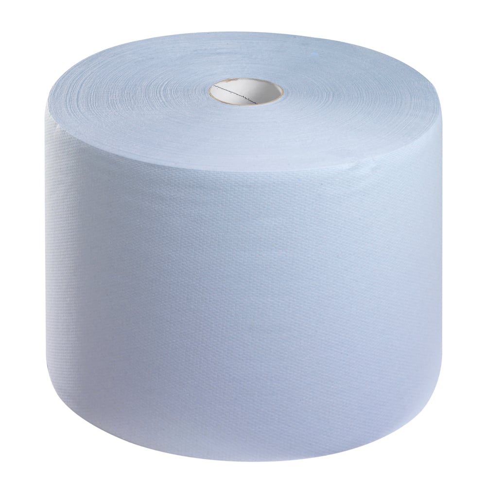 Un grand rouleau de papier essuie-tout WypAll® L10 pour surfaces (38,00 cm x 23,50 cm) de Kimberly-Clark GmbH est debout sur un fond blanc, son noyau creux et sa surface texturée sont idéaux pour les tâches de nettoyage.