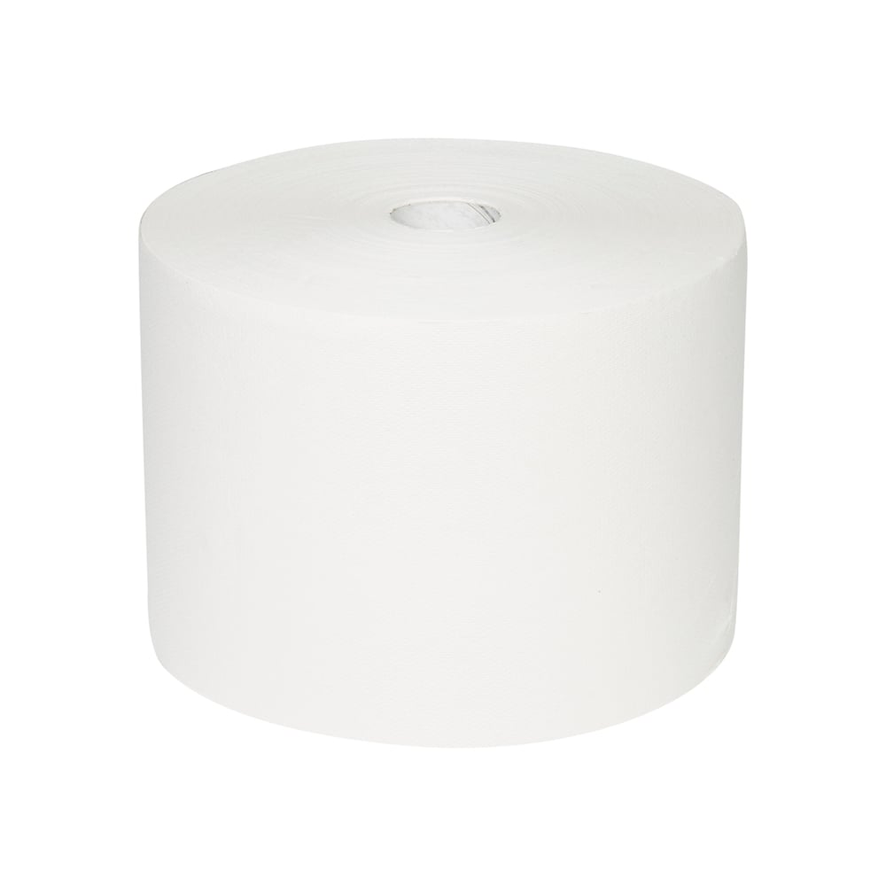 Le papier essuie-tout WypAll® L10 pour surfaces inutilisé (grand rouleau, 38,00 cm x 23,50 cm) de Kimberly-Clark GmbH est représenté sur fond blanc ; cylindrique avec noyau creux, parfait pour un nettoyage en profondeur des surfaces.