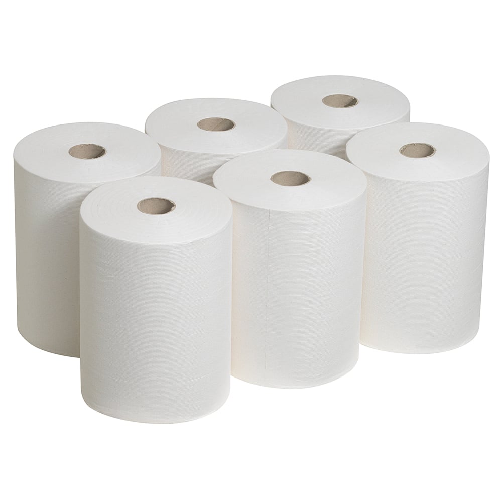 Six serviettes Scott® Control™ Slimroll™ - 6 rouleaux de Kimberly-Clark GmbH - sont disposées en deux rangées de trois rouleaux chacune, idéales pour un séchage des mains peu encombrant et hygiénique sur fond blanc.