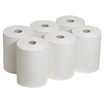 Six serviettes Scott® Control™ Slimroll™ - 6 rouleaux de Kimberly-Clark GmbH - sont disposées en deux rangées de trois rouleaux chacune, idéales pour un séchage des mains peu encombrant et hygiénique sur fond blanc.