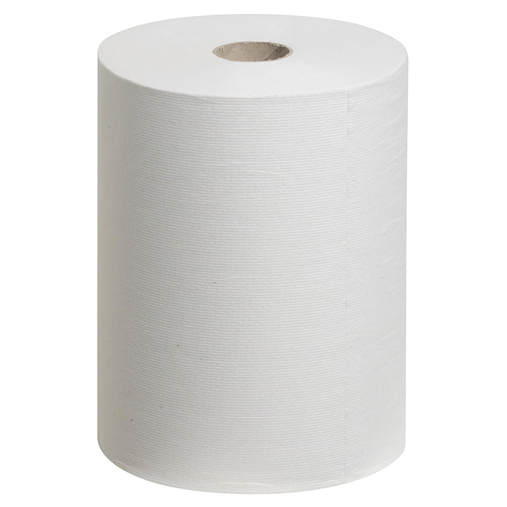 Un rouleau de papier essuie-mains blanc Scott® Control™ Slimroll™ de Kimberly-Clark GmbH est dressé ; sa surface lisse et doublée ainsi que le tube central sont visibles - idéal pour des essuie-mains peu encombrants et un séchage hygiénique des mains.