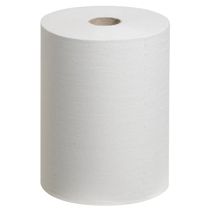 Un rouleau de papier essuie-mains blanc Scott® Control™ Slimroll™ de Kimberly-Clark GmbH est dressé ; sa surface lisse et doublée ainsi que le tube central sont visibles - idéal pour des essuie-mains peu encombrants et un séchage hygiénique des mains.