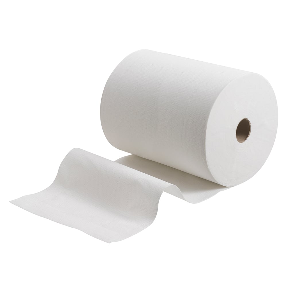 Un grand rouleau de serviettes Scott® Control™ Slimroll™ de Kimberly-Clark GmbH présente des feuilles déroulées, offrant un séchage des mains hygiénique et peu encombrant. Produit : 6 rouleaux x 1 feuille, Blanc, Carton (6 rouleaux).