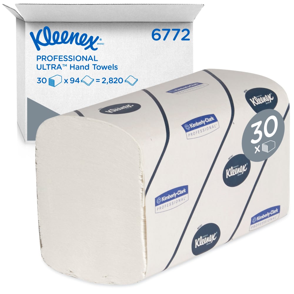 Une boîte de serviettes Kleenex® Ultra™ - Interfold/Blanc/Grand de Kimberly-Clark GmbH contient 30 paquets de 94 feuilles chacun, soit un total de 2 820 serviettes absorbantes dans un emballage de marque hygiénique.