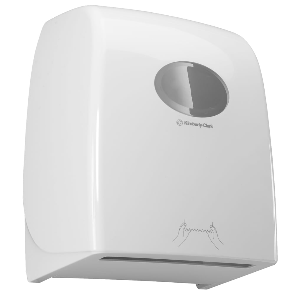 Le distributeur de serviettes en rouleau Aquarius™ de Kimberly-Clark GmbH en blanc est un distributeur mural hygiénique avec fenêtre de visualisation, idéal pour les espaces publics, et permet un déchirement facile des serviettes en papier grâce à des instructions claires.